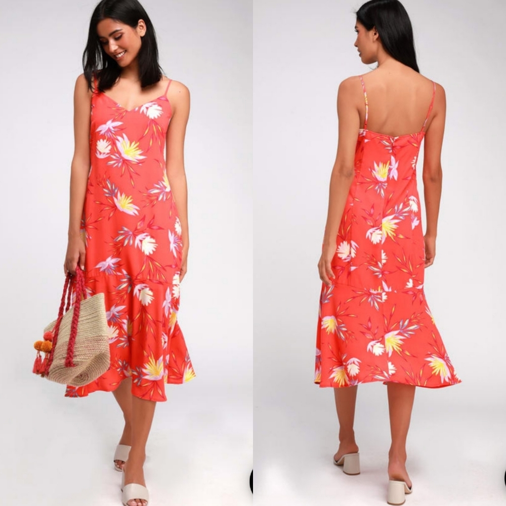 Lulu's-Coral red Floral print midi dress